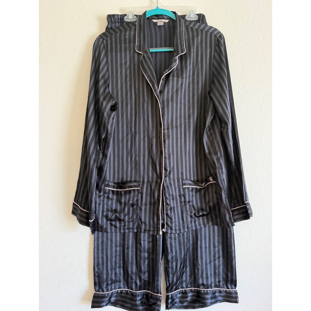 Victorias Secret Satin Pajama Set Black Grey Striped Long Sleeve M 10817940